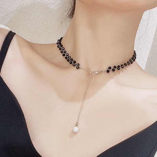 Kolye Kolyeler Neckchain Kadınlar Klavikül Kolye Yüksek Sınıf Boyun İnci Süvari Zinciri Yüksek Sınıf Siyah Atmosfer Kristal Aksesuarlar Güçlü Takılar