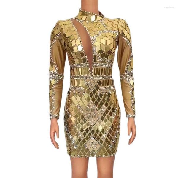 Bühnenkleidung für Damen, sexy glitzerndes goldenes Spiegelkleid, Abschlussball, Abend, Strasssteine, Tanzkostüm, Hochzeit, Geburtstag, Aufführung, Host