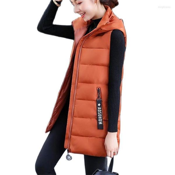 Damenwesten Lange Herbst-Winter-Frauen-Weste Weibliche ärmellose Jacke mit Kapuze warme verdickte Baumwolle Studentenmäntel Casacas Para Mujer