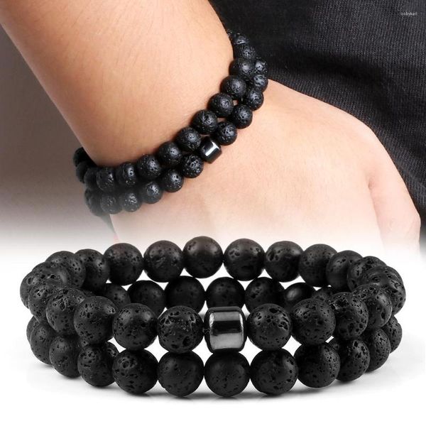 Strang 2 teile/satz Naturstein Perlen Armband Tigerauge Schwarz Lava Perlen Elasti Armreifen Handgemachte Liebhaber Yoga Balance Schmuck Geschenke