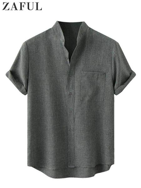 Мужские платья рубашки хлопок для мужчин Сплошные льняные текстурированные блуз -блузки летние короткие рукава повседневные вершины с передним карманом 230707