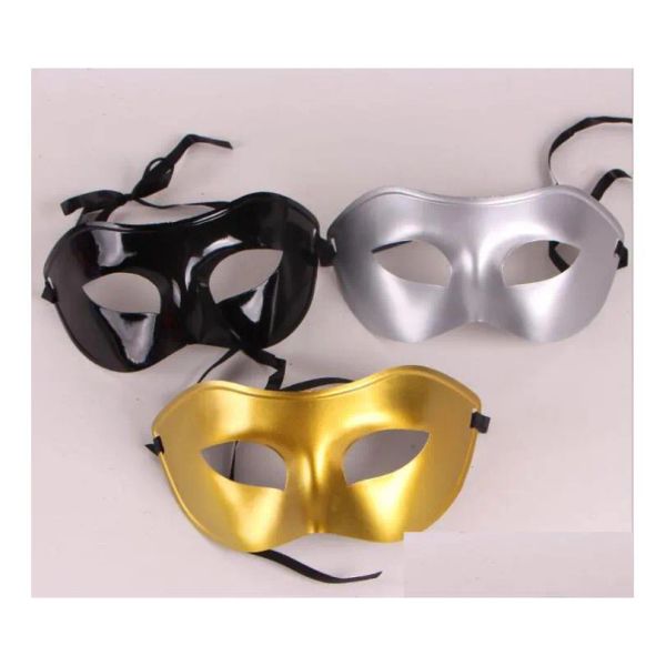 Máscaras de festa Masculino Máscara Mascarada Fancy Dress Plástico Veneziano Meia Face Opcional Preto Branco Dourado Sier Dhhnr