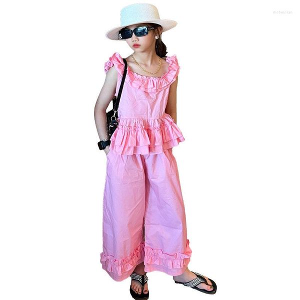 Kleidungssets Mode Mädchen Outfits Geraffte Weste Hosen 2 Stück Lässige Kinderkleidung Anzüge Teen Sommer Schwarz Rosa Streetwear Kostüme