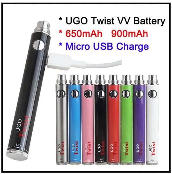 10PCS authentische UGO Twist Vape Pen-Kartuschenbatterie mit eGo VV USB-Durchgangsladegerät 650 mAh 900 mAh Evod Twist einstellbare Spannung Vaper E-Zigaretten