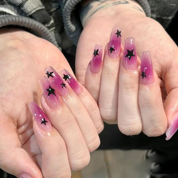 Unghie finte 24 pezzi stelle nere Y2k stampa su bara lunga finta copertura completa gradiente viola con disegni punte per unghie balletto
