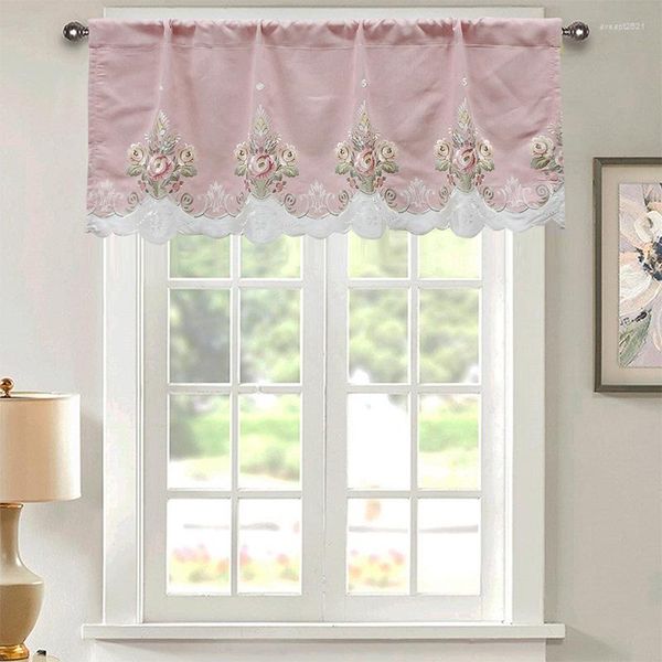 Cortina rosa bordada sanefa para sala de estar Cortinas de chenille de renda elegante #A348