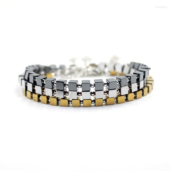 Gliederarmbänder Gold/Silber Farbe/Schwarz Hämatit Würfel mit runden Perlen 4 mm Perlenarmband Blatt Charm veränderbar für Männer Frauen