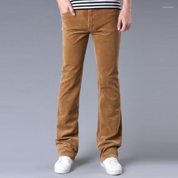 Calças masculinas estilo coreano negócios casuais calças largas de veludo cotelê tamanho grande cintura média remendada bota boca de sino com corte na perna marrom vermelho