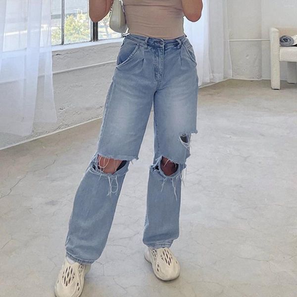 Женские джинсы в винтажной девушке -подростке джинсовой ткани для женщин плюс размер разрывались разбитыми свободными высокими талией