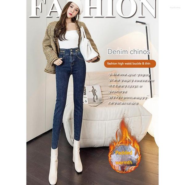 Jeans da donna Pantaloni felpati Nero Grigio 2023 Autunno/Inverno Vintage Vita alta Slim Fit Matita elastica Piedi piccoli
