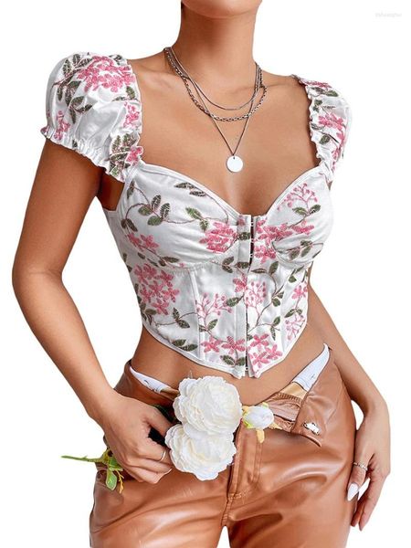 Camisetas femininas femininas Y2k Espartilho Crop Tops manga curta decote coração padrão floral bordado bustiê camisetas brancas médias