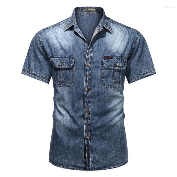 Camicie casual da uomo 2023 Camicia a maniche corte in denim blu Uomo Estate Risvolto sottile Multi-tasche Slim Fit Streetwear Moda Top