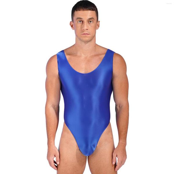 Herren-Badebekleidung, glänzender, rückenfreier Body für Herren, einfarbig, U-Ausschnitt, Badeanzug, hoch geschnitten, ärmellos, für Sport, Yoga, Strand, Schwimmen