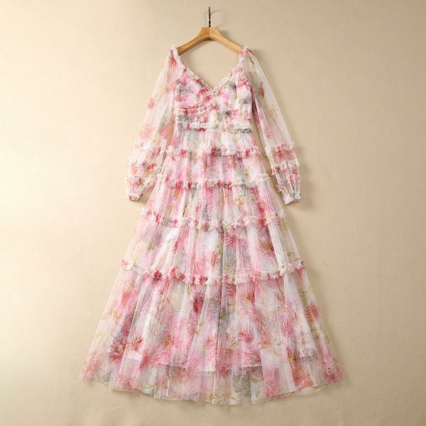 2023 Sommer rosa Blumendruck Panelled Tüll Stringy Selvedge rückenfreies Kleid Langarm V-Ausschnitt lange Maxi-Freizeitkleider S3Q060705