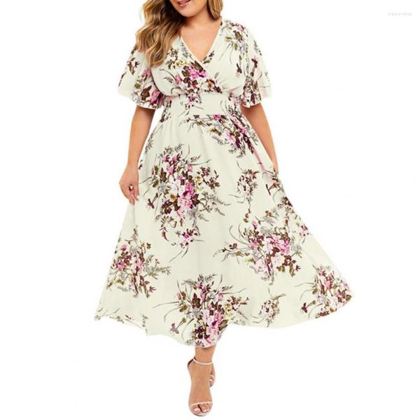 Partykleider Sommerkleid Frauen Blumen Chiffon V-Ausschnitt Kurzarm Elastisch Hohe Taille Böhmischer Strandstil Damenmode Outfit