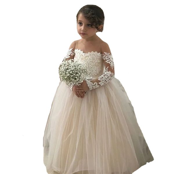 Cute Princess White Avory Lace Tulle Flower Girl Abiti Sheer Neck maniche lunghe Appliques Long Girl Formal Party Dress Compleanno Comunione Wear