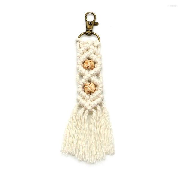 Sleutelhangers Met de hand gebreide houten figuurkralen Katoenen Kwastje Sleutelhanger Boho Macrame Tas Bedels Met Franjes Auto Opknoping Sieraden Ornament