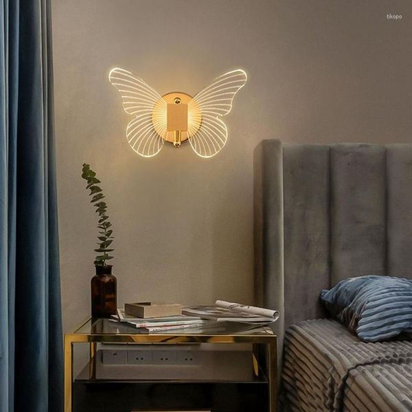Lâmpada de parede arandela led borboleta nórdica com interruptor para quarto de crianças luzes noturnas decoração de quarto de fada para decoração de berçário