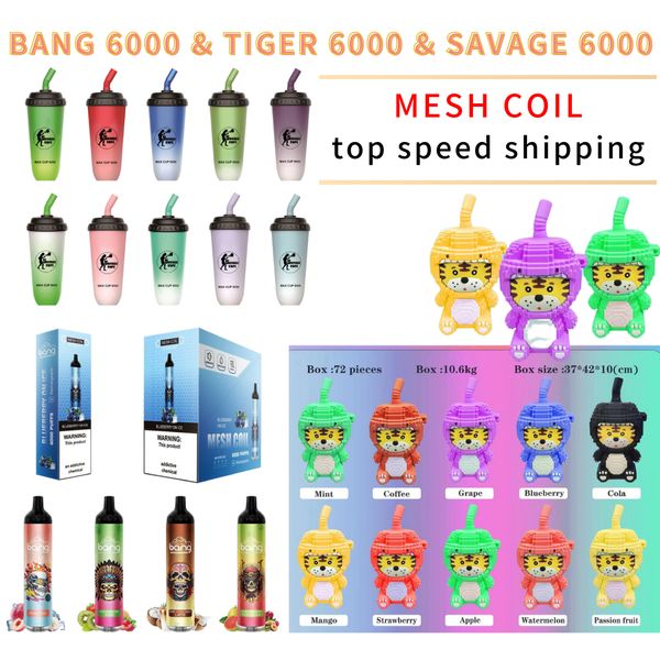 Zooyking 15000 затяжек 6000 затяжек Bars Одноразовые электронные сигареты Savage Vape Pen 16 мл Предварительно заполненная аккумуляторная батарея емкостью 600 мАч Tiger 6000 Puff Pods Cartridge