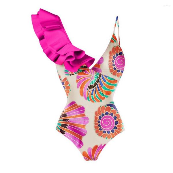 Kadın Mayo Moda Pembe Tek Parça Mayo Yüzme Takım Yaz Plaj Giyim Baskısı V Boyun Ruffles Seksi Bikini Sırtsız İnce
