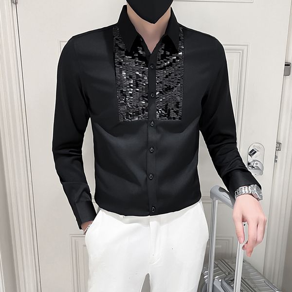 Camicie eleganti da uomo Camicia di design Uomo Bianco Nero Manica lunga Tuxedo Paillettes frontali Abiti aderenti Camicetta da festa di nozze 230707