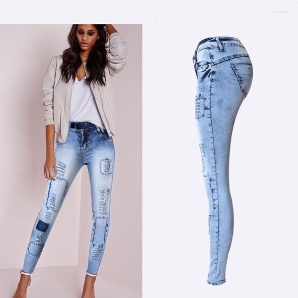 Jeans Feminino Estilo Verão 2023 Cintura Baixa Patchwork Azul Céu Meia-calça Skinny Lápis Feminino Alta Alongamento Sexy Push Up Moda Jean