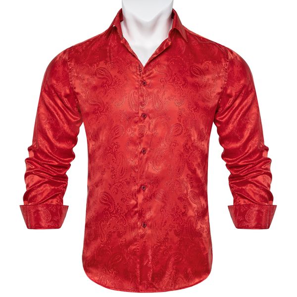Camisas sociais masculinas luxuosas manga comprida moda vermelho paisley slim fit seda social negócios masculino festa de casamento smoking roupas masculinas 230707