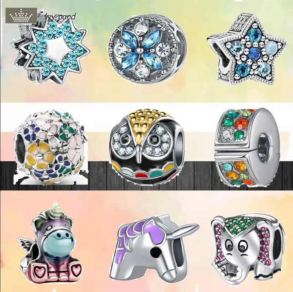 Für Pandora Charms Schmuck 925 Charm Perlen Zubehör Mode Bunte Magische Einhorn Eule Blume Himmelblau Zirkon Charm Set