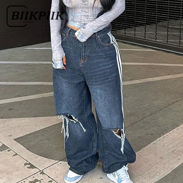 Damen Jeans BIIKPIIK Weiß gestreift Casual Streetwear Hosen Vintage Hollow Out Loose Denim Cargo Mom Low Waist Baggy Female Hose 230707