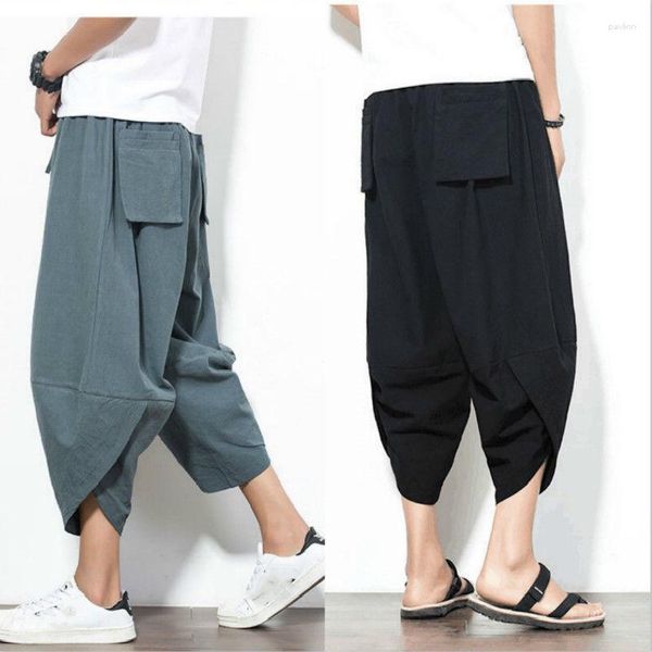 Мужские шорты летние брюки гарема чистый хлопок свободный случайный хараджуку печать длина теленка китайский стиль брюки капри.