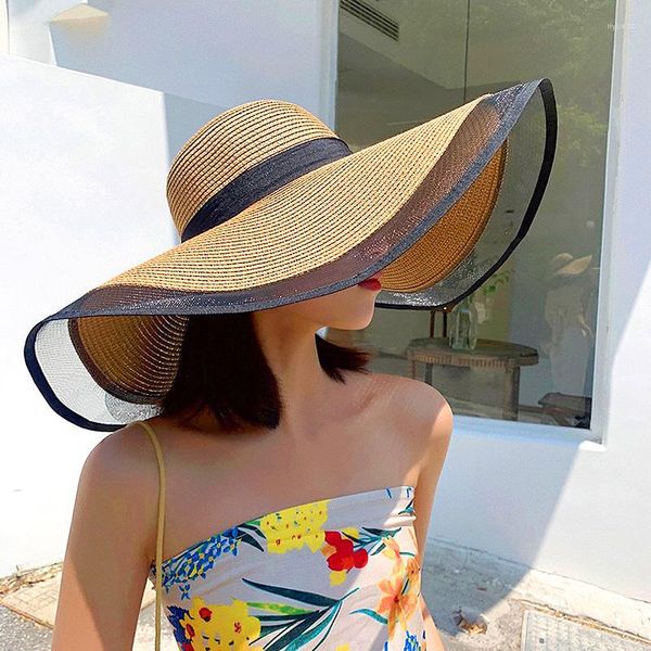 Cappelli a tesa larga Cappello da sole da donna per la spiaggia estiva Fashiona Protezione solare da viaggio in paglia pieghevole multifunzionale