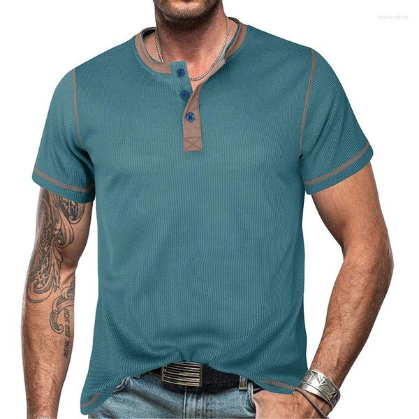 Camisetas Masculinas Waffle Camisa Masculina Verão Manga Curta Henley Botão Cor Combinando Casual Camisetas Básicas Camisetas Hombre 2023