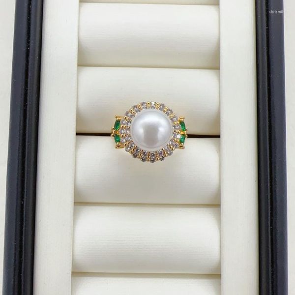 Küme halkaları varış moda inci yüzüğü parlak cz zirkon gerçek doğal 14k altın dolu kadın düğün takı hediyesi