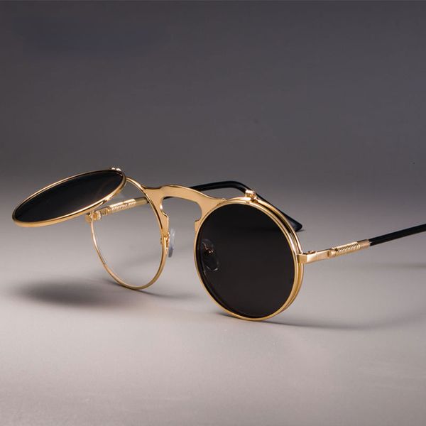 Sonnenbrille Marke Designer Runde Männer Frauen Vintage Metall Sonnenbrille Für Weiblich Männlich Flip Steampunk 230707