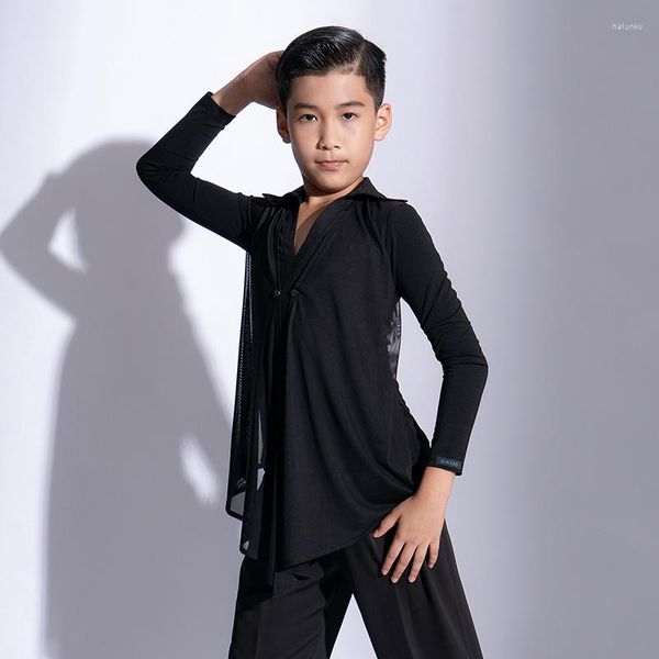 Sahne Giyim Erkekler Latin Kış Uzun Kollu Balo Salonu Profesyonel Dans Uygulaması Çocuklar Yakışıklı Siyah Giyim Dance Top G5108