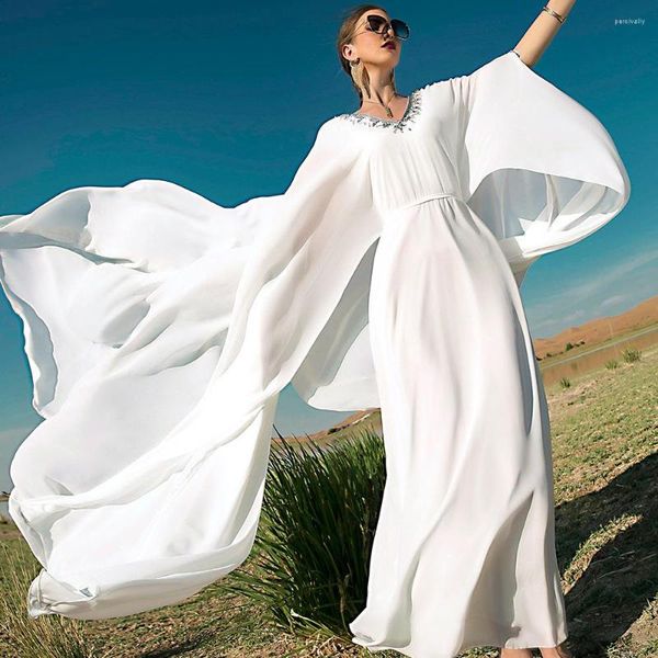 Abbigliamento etnico Bianco con scollo a V Mantella Vestito a battente Diamanti Caftano Donna Dubai Abaya Mantello Abiti da festa Musulmano islamico Marocco Caftano Jilbab