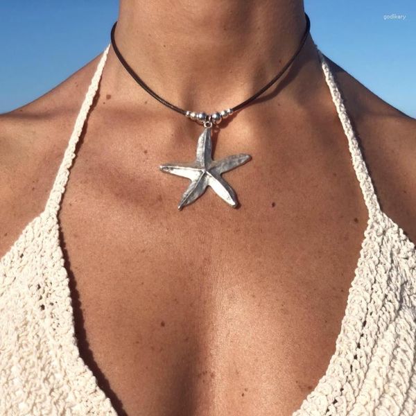 Gargantilha Bohemian Starfish Colar com pingente de liga de verão praia corda de couro para mulheres joias