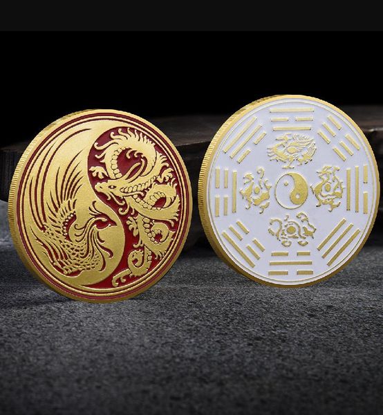 Sanat ve El Sanatları Ejderha ve Phoenix Hatıra Madalyon Tai Chi Coin Üç Boyutsal Rölyef Boyası Hatıra Materasyon Madalyon Chinoiserie Stil Metal Madalyon