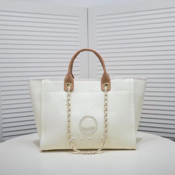 Luxury Designer Handbags Women Deauville Beach Bags Pearl Canvas Purse Lady Handbag Classic Shoulder Bag Holiday Brand Shipping Cc Bags Travelling Chain 38Cm