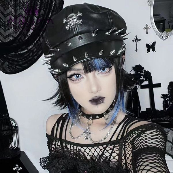 Miumn Harajuku Punk Style PU Berretto in pelle Cappelli Dark Gothic Grunge Skull Rivetto Casual Black Caps Rock Chic Streetwear
