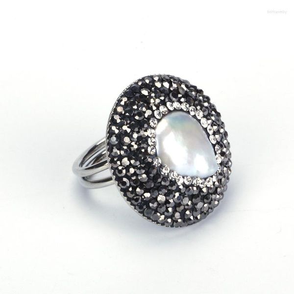 Cluster Rings Black White Strass Paved Setting Natural Water Fresh Water Pearl Charm Surface Open Big Ring Cuff For Women
