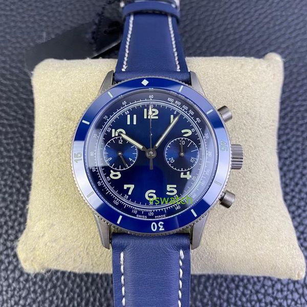 Função de temporização itf f388b movimento titânio caixa de relógio diâmetro 42.5mm pulseira de couro azul vintage moldura de cerâmica cristal de safira