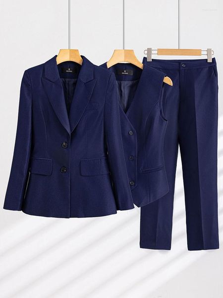 Calças femininas de duas peças, blazer formal, colete e calça, jaqueta, calças, sem cintura, escritório, senhoras, manga longa, conjunto de 3 peças, trabalho comercial