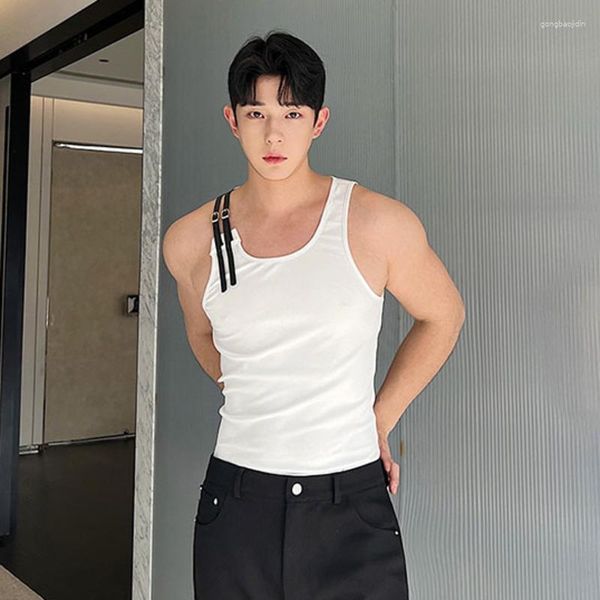 Herren Tank Tops SYUHGFA 2023 Lässige verstellbare PU-Lederträger ärmellose Weste koreanisches Persönlichkeitsdesign Mode schlankes Top