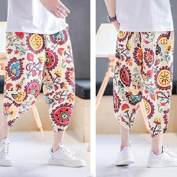 Pantaloncini da uomo 2023 Estate Harajuku Lunghezza polpaccio Pantaloni casual Gamba larga Cotone Lino Stampa Harem Baggy Abbigliamento moda