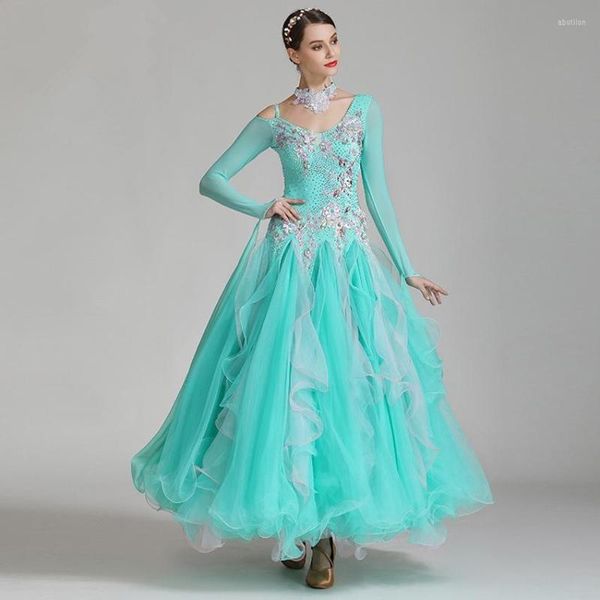 Стадия Wear Waltz Ballroom Sware Dress Standard Dance Performance Costumes Высокоэндром вечерние платья из тонкой вышивки Applique Big Swing