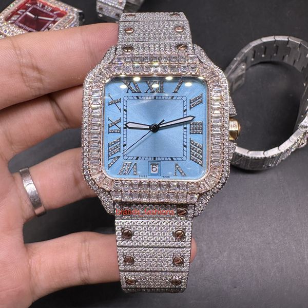 Carier Gold zf-factory Orologio da uomo con diamanti color ghiaccio rosa bicolore quadrante rosso quadrante blu lunetta quadrata con diamanti orologio hip hop con movimento automatico