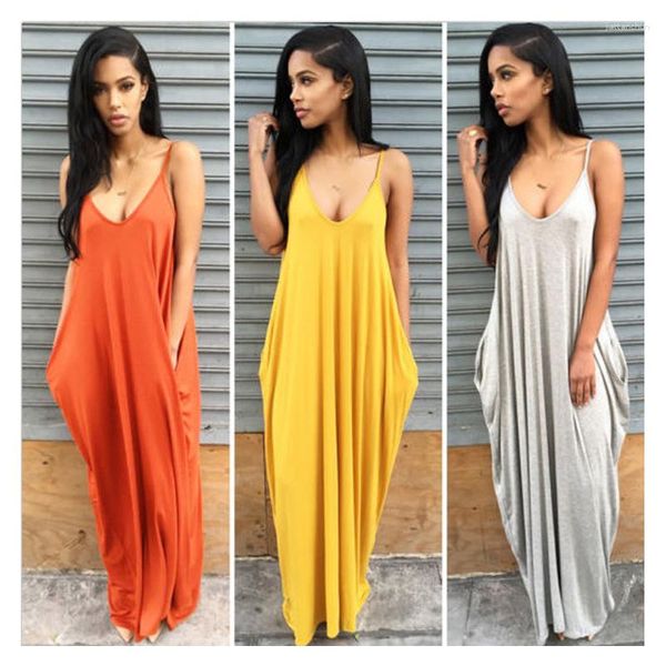 Casual Kleider Schnelle Mode Frauen Sommer Strand Kleid Unregelmäßige Hosenträger Sexy Tiefem V-ausschnitt Tasche Dame Spaghetti Strap Maxi