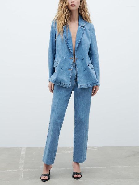 Calças femininas de duas peças, moda de rua, conjunto de jeans feminino 2023, blazer com abotoamento duplo e calça jeans de perna reta, co ord, ternos