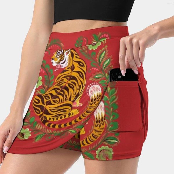 Saias Tiger Folk Art Feminina Saia Esportiva Com Bolso Moda Estilo Coreano 4Xl Vermelho Folkart Exótico